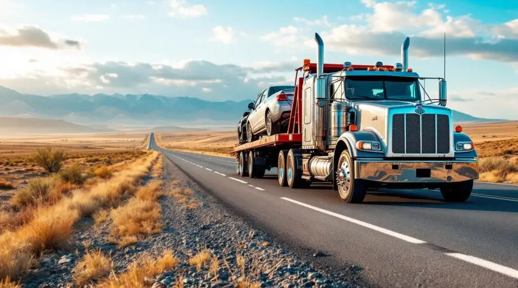 A professional Snappy Towing flatbed truck hauling a luxury SUV on a long highway stretch outside of Lynn at dawn.