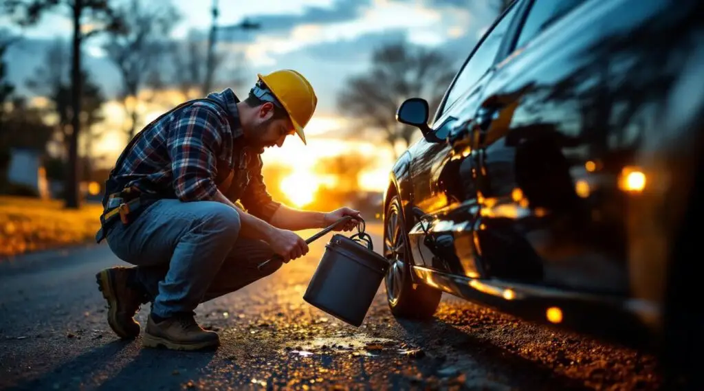 A professional Snappy Towing technician using specialized lockout tools to safely unlock a sedan in Lynn at dusk.