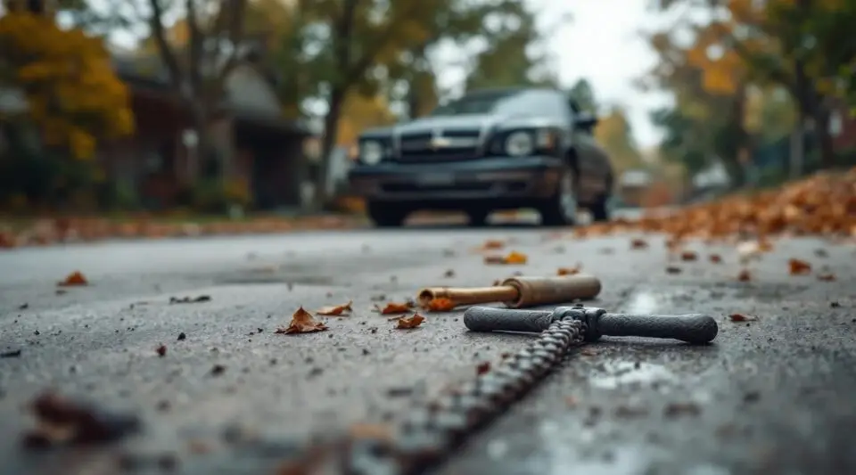 A professional tow truck operator safely removing an older vehicle from a clean suburban Arvada driveway in the morning light.