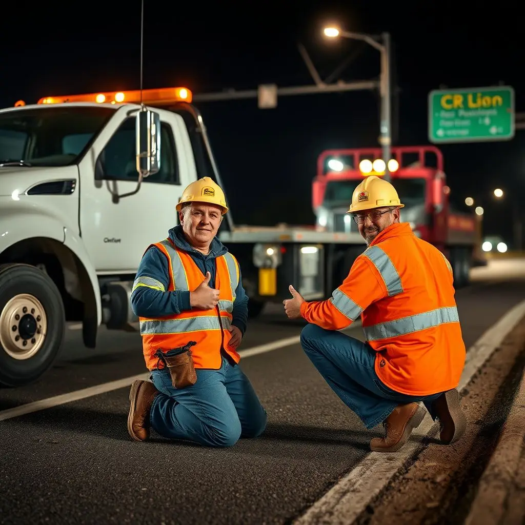 A Snappy Towing technician in high-visibility gear speaking professionally with a customer next to a tow truck in Saugus.
