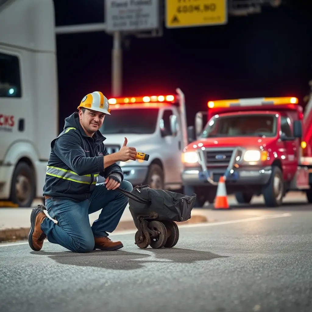 A tow truck operator providing a battery jump start to a stranded motorist in a residential Lynn neighborhood during winter.