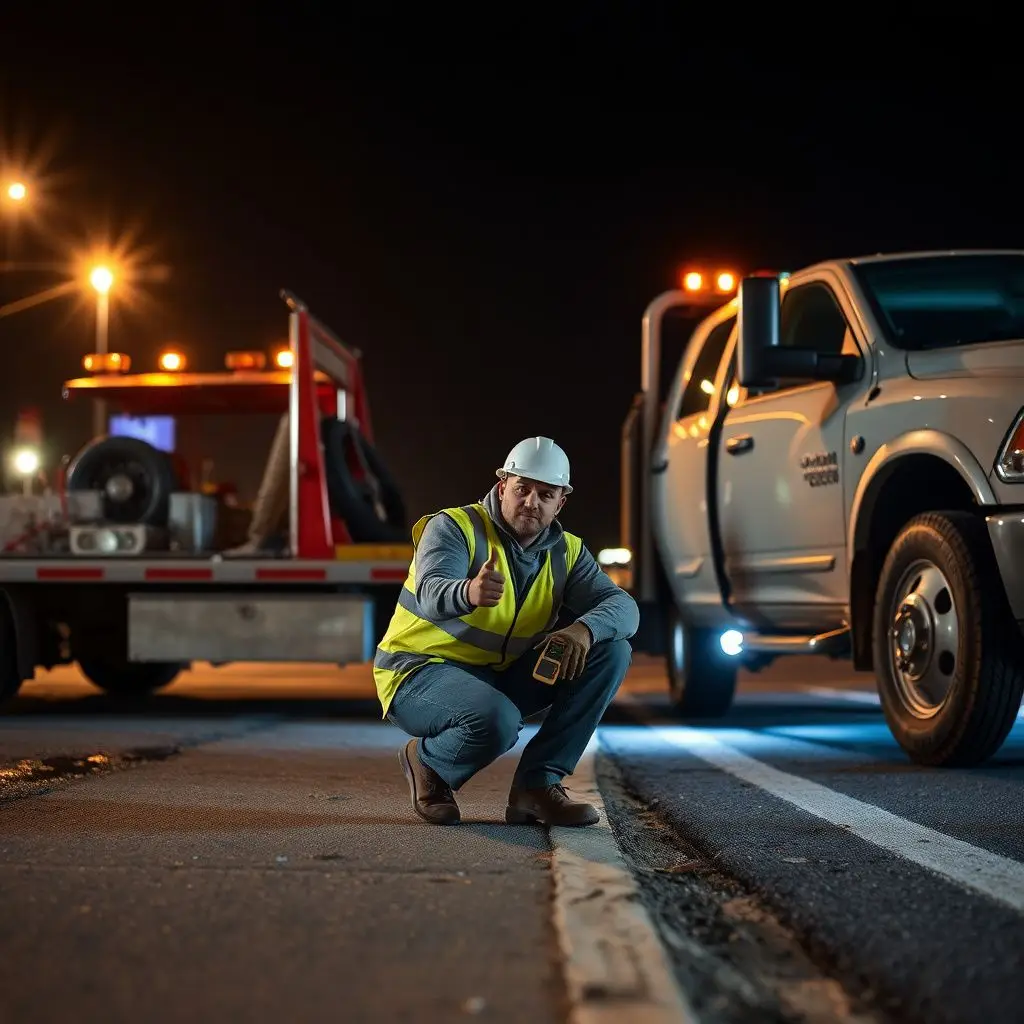 A tow operator in high-visibility gear performing a safe tire change on a narrow residential street in Wakefield.