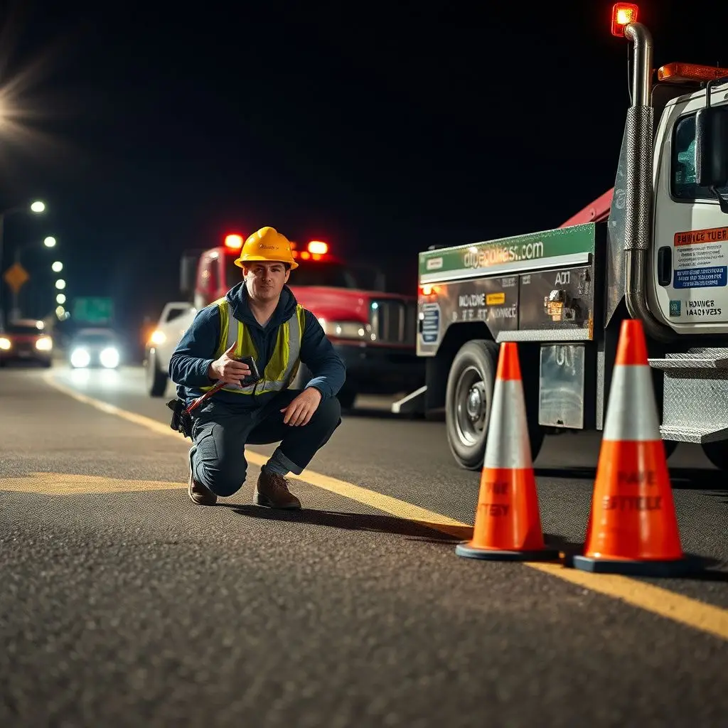 A Snappy Towing operator safely recovering a vehicle from the shoulder of Route 1 in Chelsea during heavy traffic.