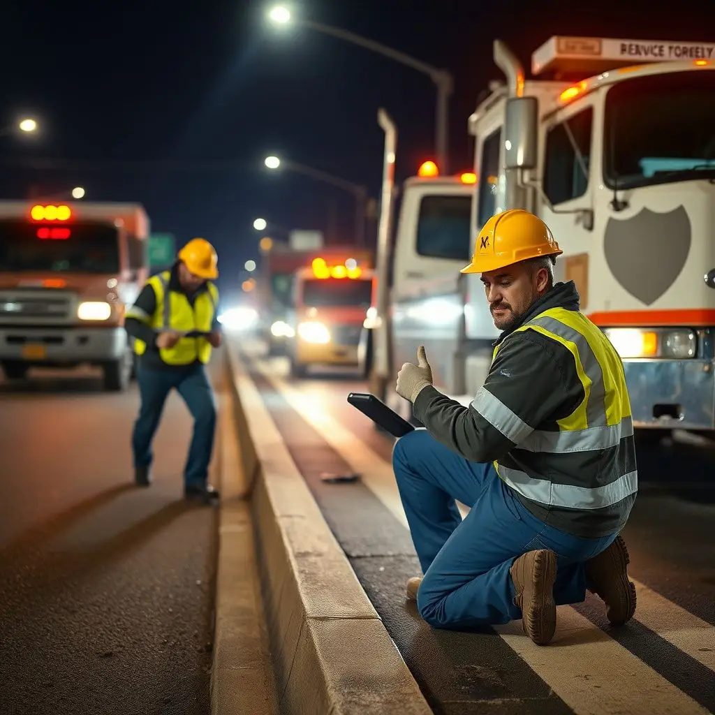 A Snappy Towing technician in high-visibility gear performing a battery jump start for a stranded motorist in a Boston parking garage.